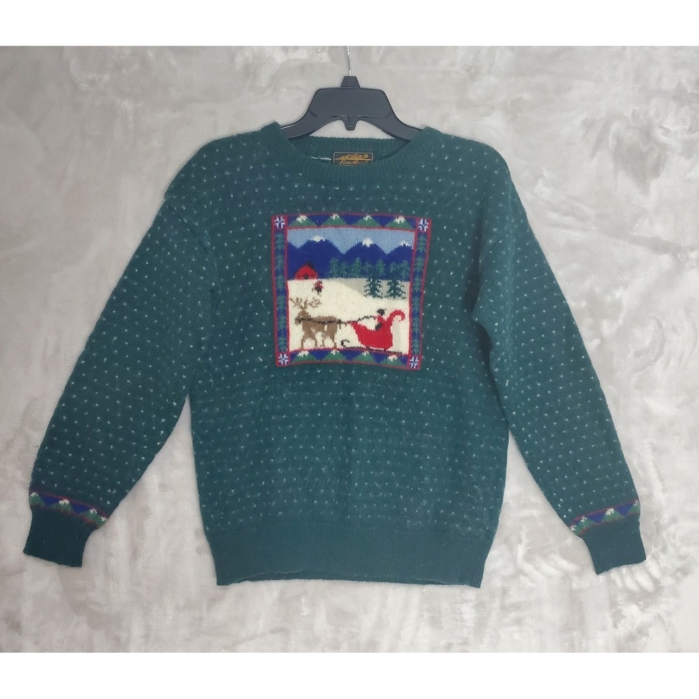 Vintage Eddie Bauer 100% Wool Christmas Sweater Size M Reindeer Sleigh‎ Y2K EUC